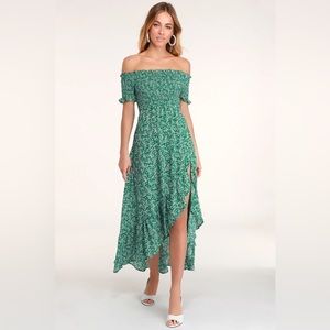 Lulu’s Fleur-tation Green Floral Print Off-the-Shoulder Midi Dress ✨WORN ONCE✨